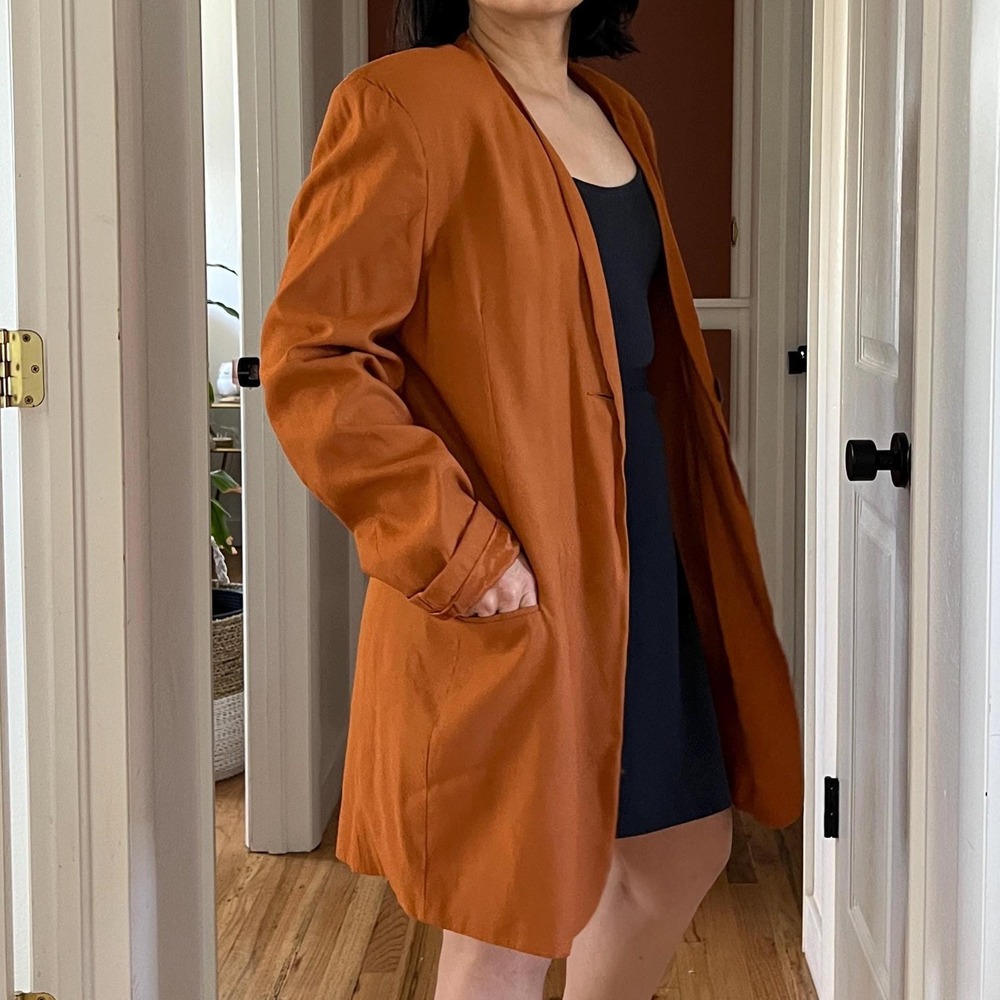 Vintage 90s orange long Rayon blazer oversized classic minimalist large office - Picture 6 of 15